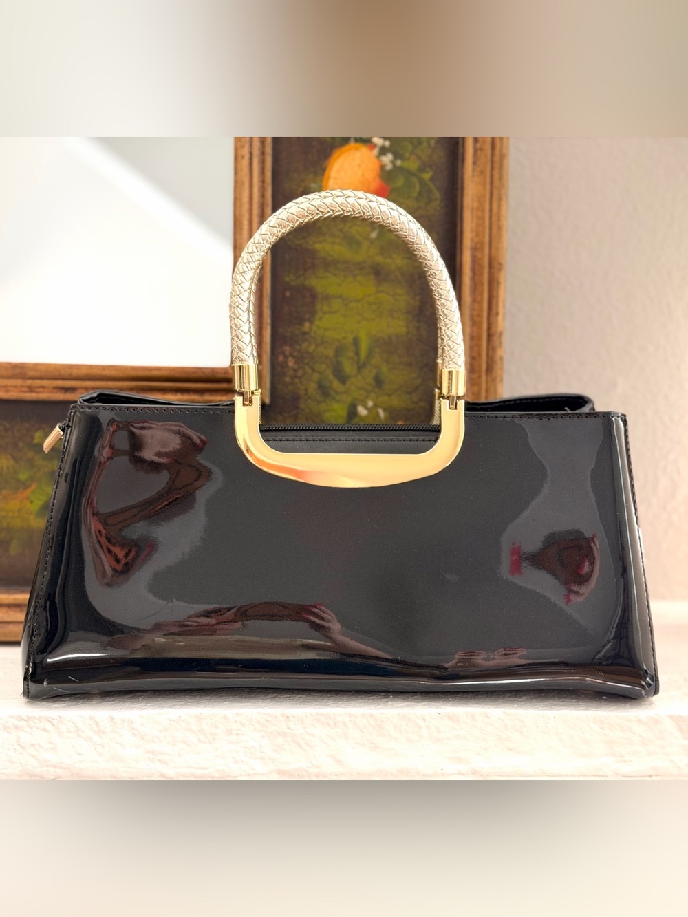 Black Patent Faux Leather Satchel Silver Braided Handles Crossbody Strap